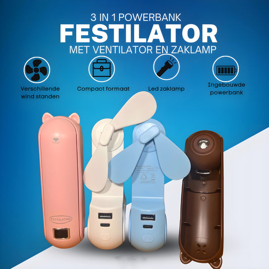 Festilator™ | 3-in-1 powerbank met ventilator en zaklamp